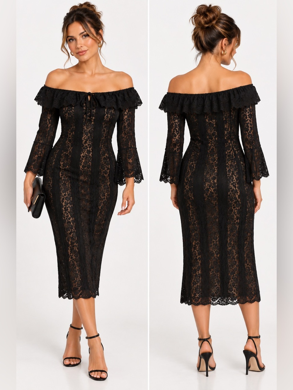 Black Lace Off-Shoulder Midi Dress